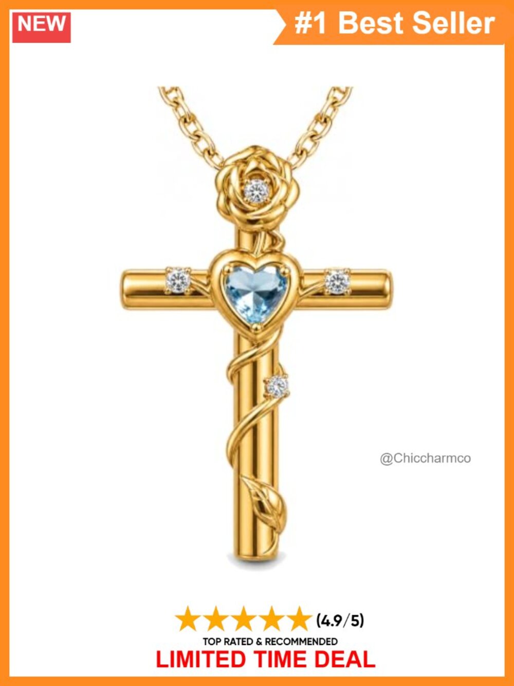 18k Gold Cross Necklace Heart Birthstone Pendant Religious Gift for Women
